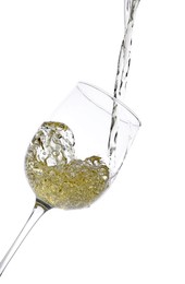 Photo of Pouring wine into glass on white background