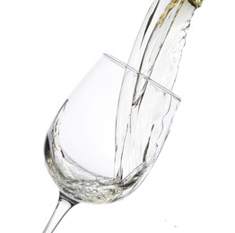 Photo of Pouring wine into glass on white background