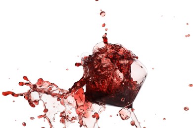 Photo of Pouring red wine into glass on white background