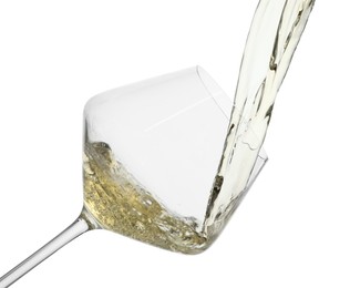 Photo of Pouring wine into glass on white background