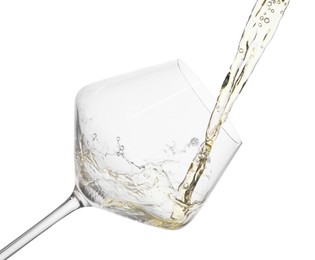 Photo of Pouring wine into glass on white background