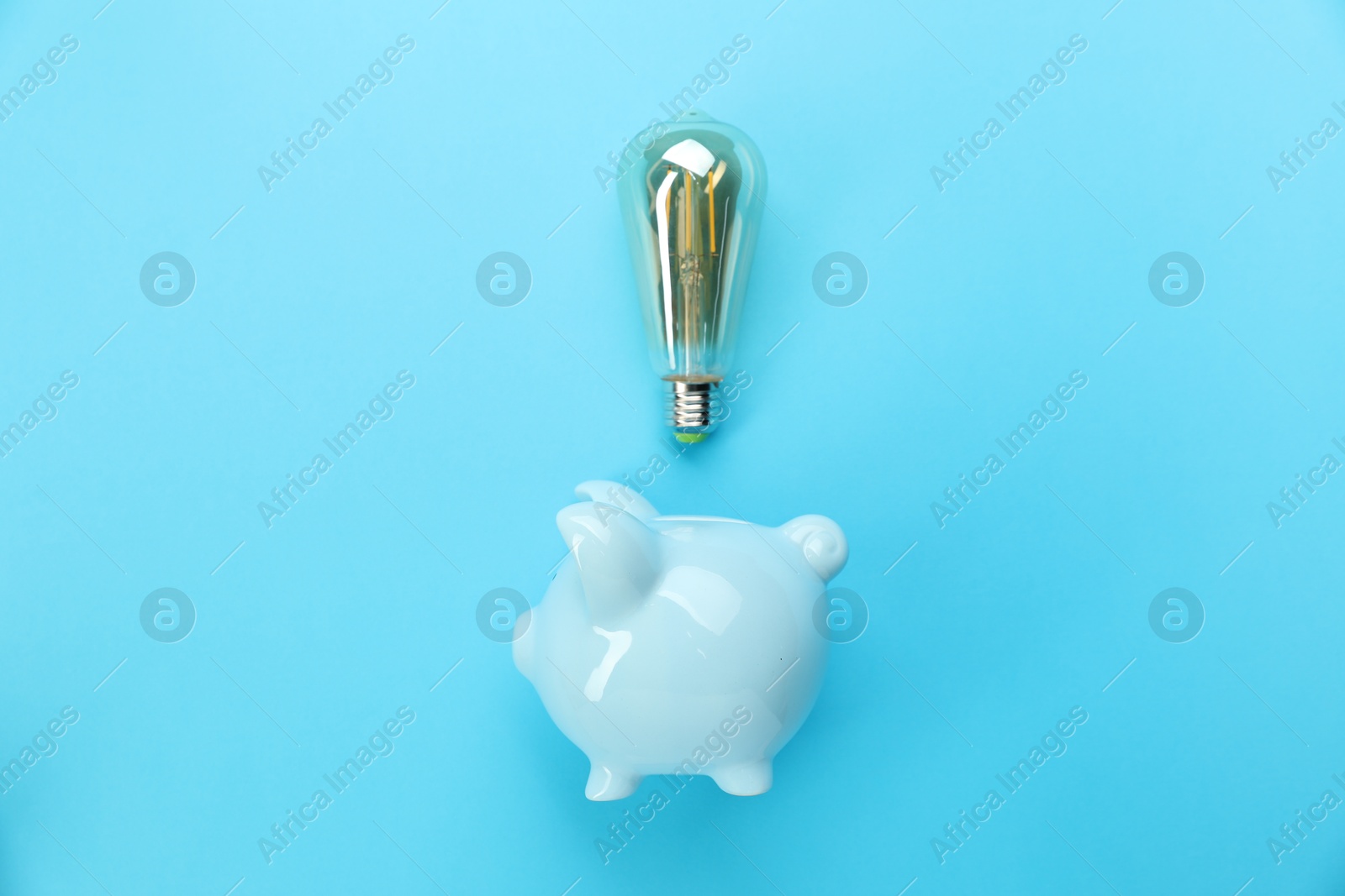 Photo of Piggy bank and lightbulb on light blue background, flat lay. Energy saving concept