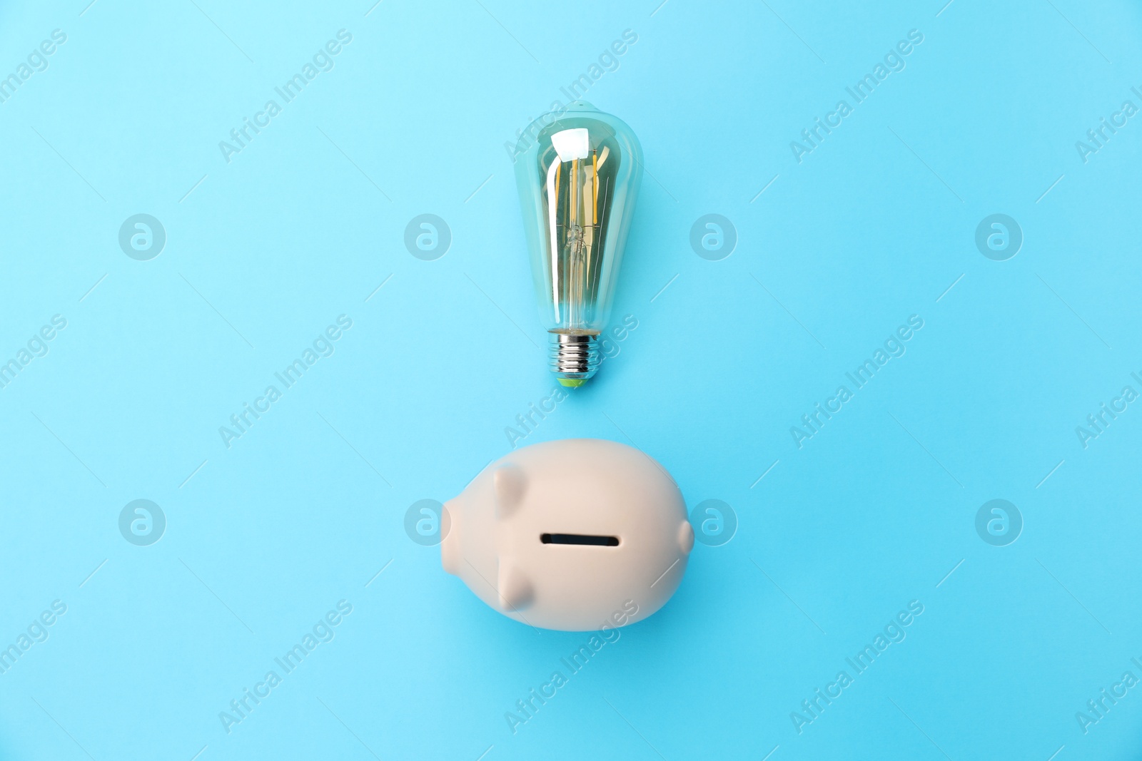 Photo of Piggy bank and lightbulb on light blue background, flat lay. Energy saving concept