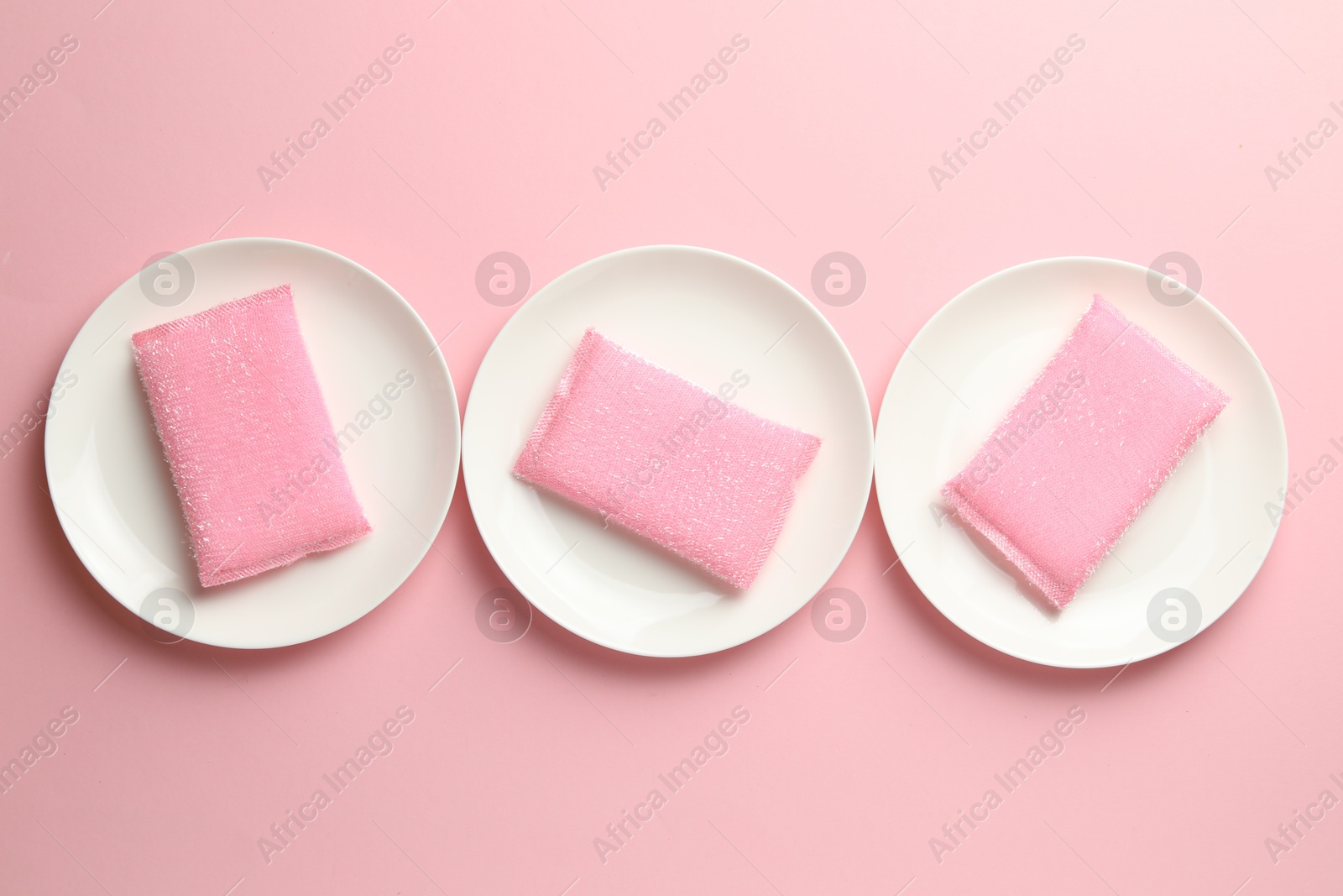 Photo of Sponges and plates on pink background, flat lay