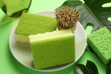 Photo of Sponges, brush and plate on green background, closeup