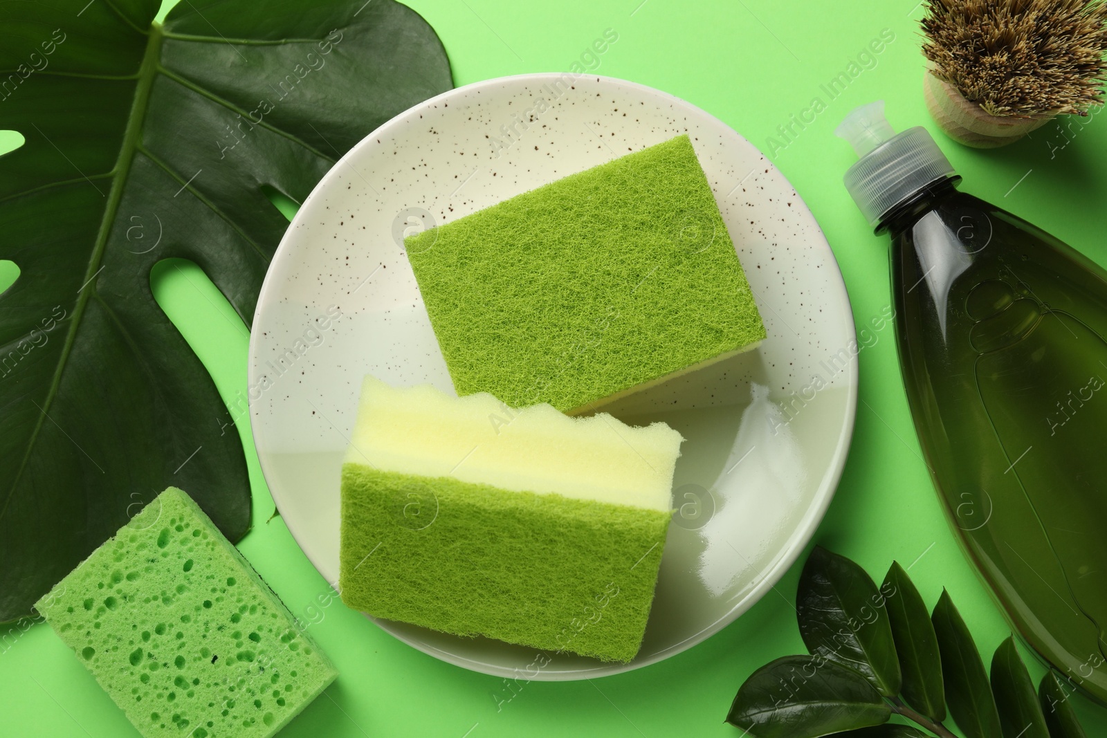 Photo of Flat lay composition with sponges, brush and detergent on green background