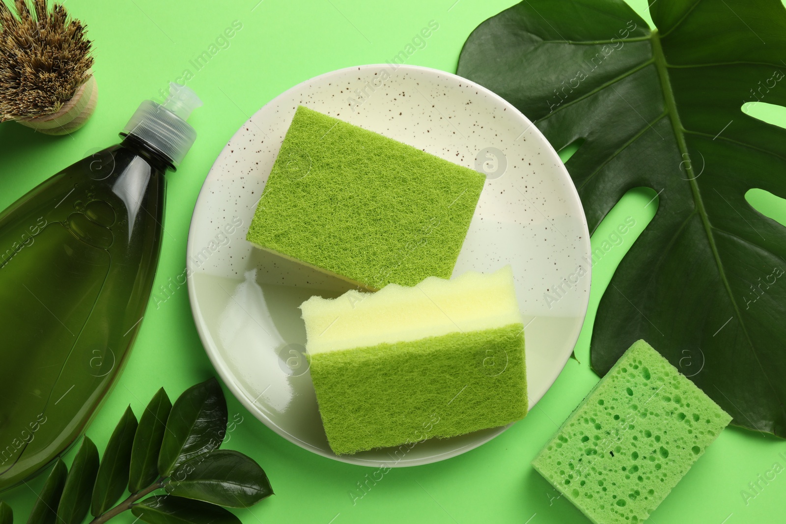 Photo of Flat lay composition with sponges, brush and detergent on green background