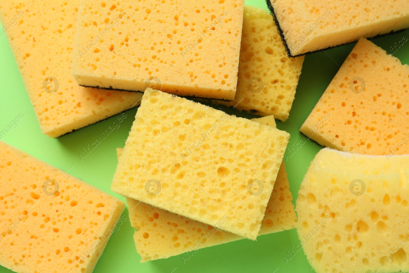 Photo of Many sponges on green background, flat lay