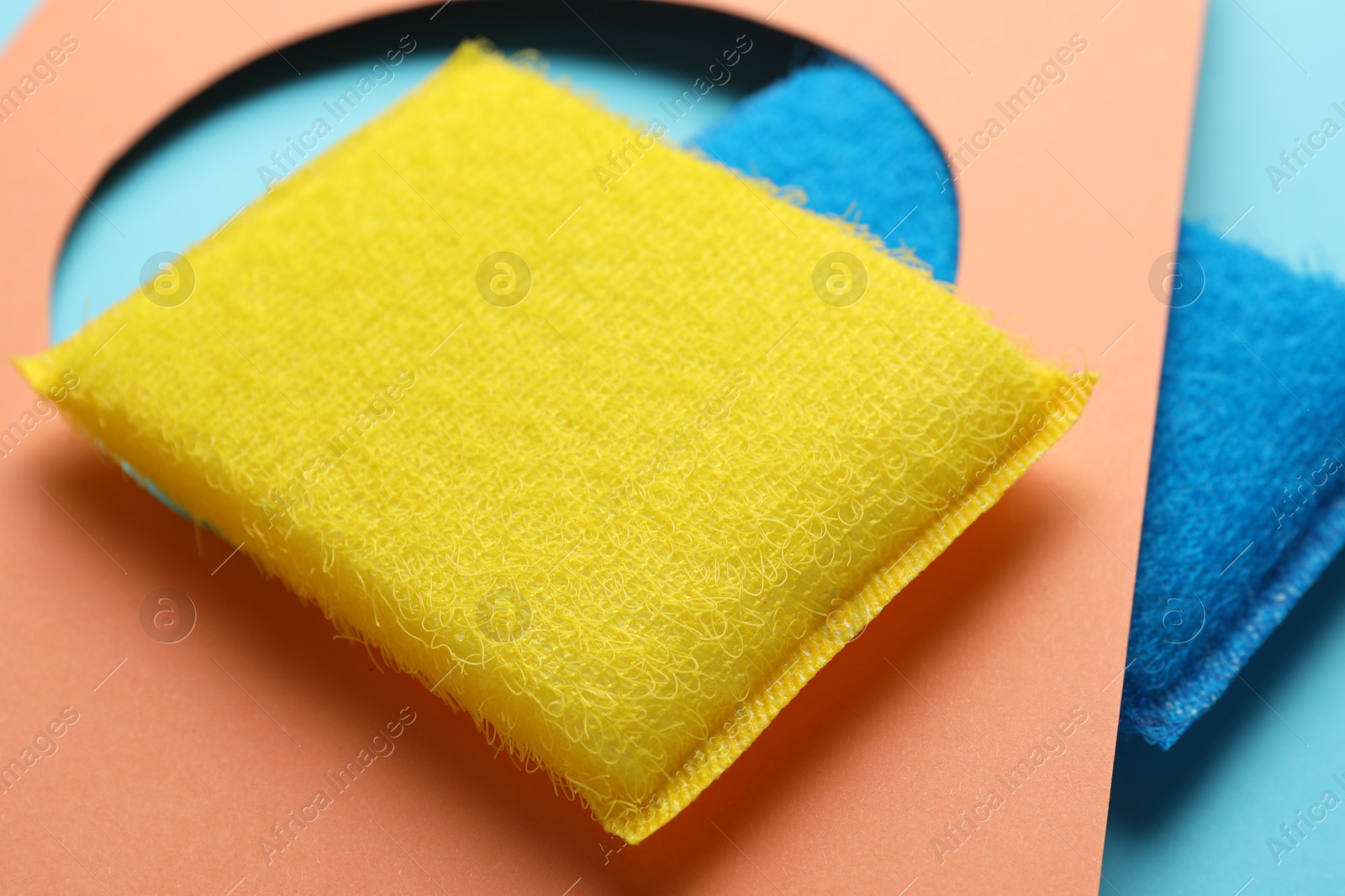 Photo of Color sponges on light blue background, closeup