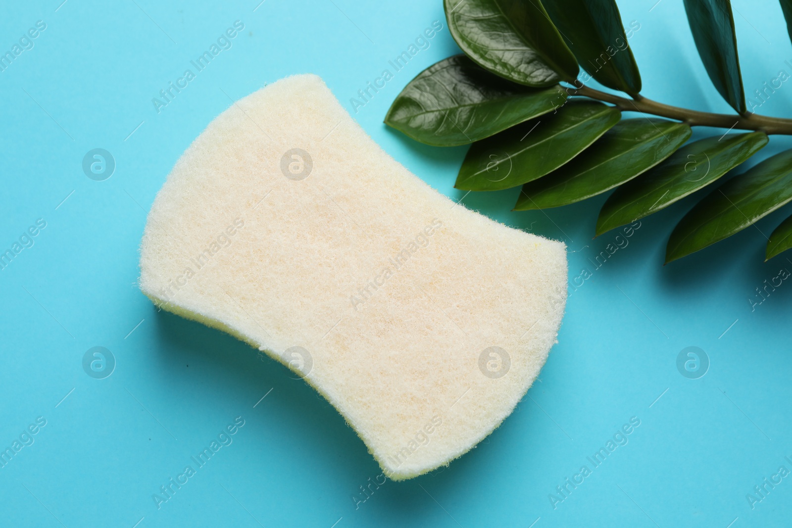 Photo of One sponge and branch with leaves on light blue background, top view