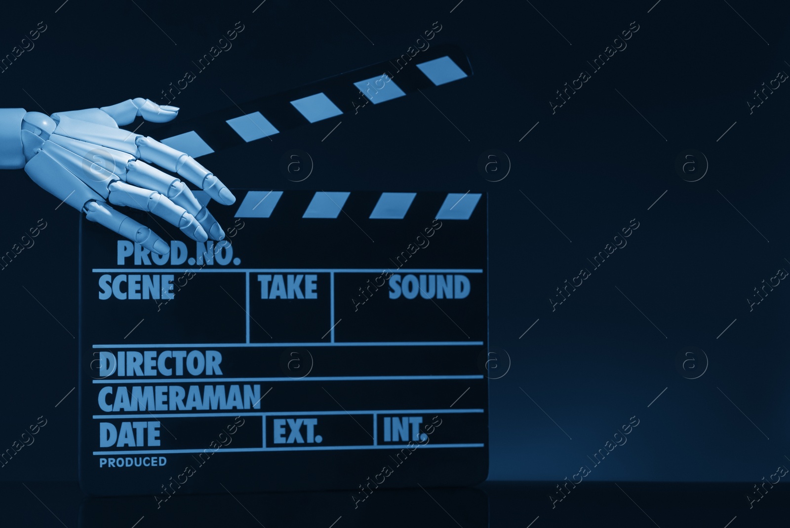 Photo of Artificial intelligence. Robot hand with clapper against dark background, closeup. Space for text