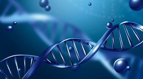 Image of DNA double helix structure on blurred background, illustration. Banner design. Science of genetics