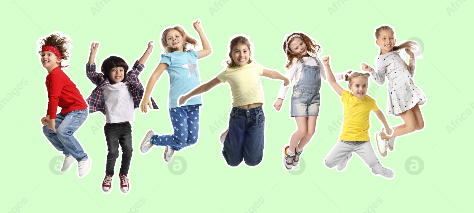 Image of Happy kids with white outlines jumping on light green background. Banner design