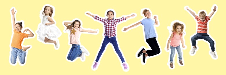 Happy kids with white outlines jumping on light yellow background. Banner design