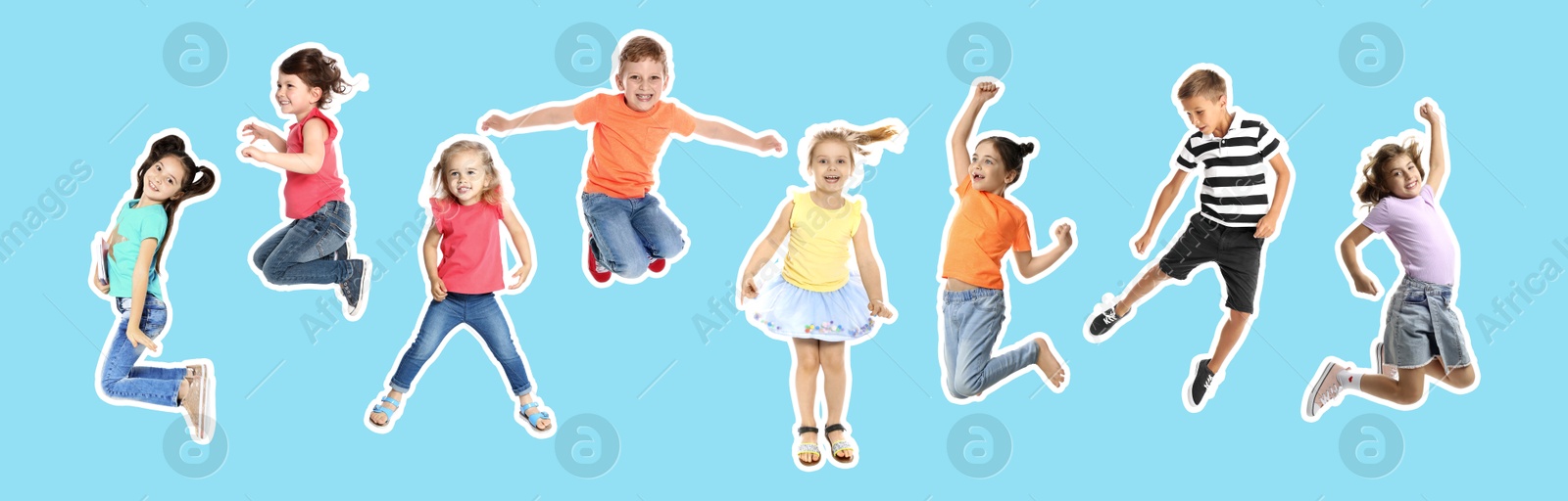 Image of Happy kids with white outlines jumping on light blue background. Banner design