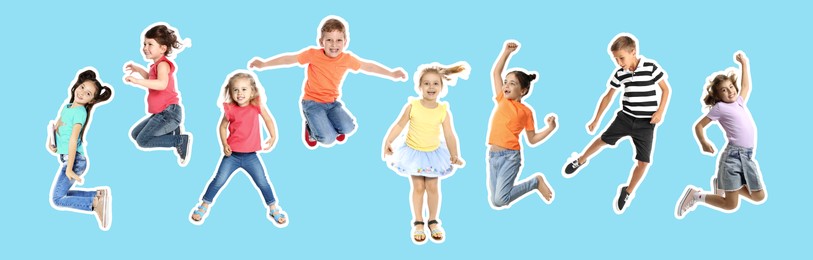 Image of Happy kids with white outlines jumping on light blue background. Banner design