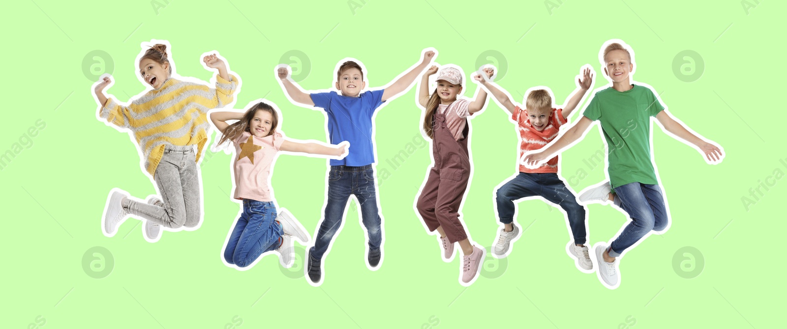 Image of Happy kids with white outlines jumping on light green background. Banner design