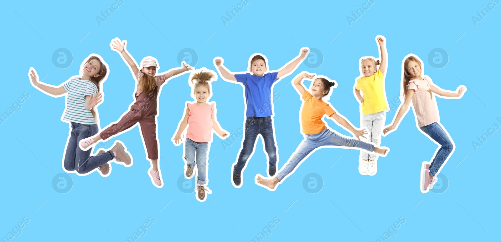 Image of Happy kids with white outlines jumping on light blue background. Banner design