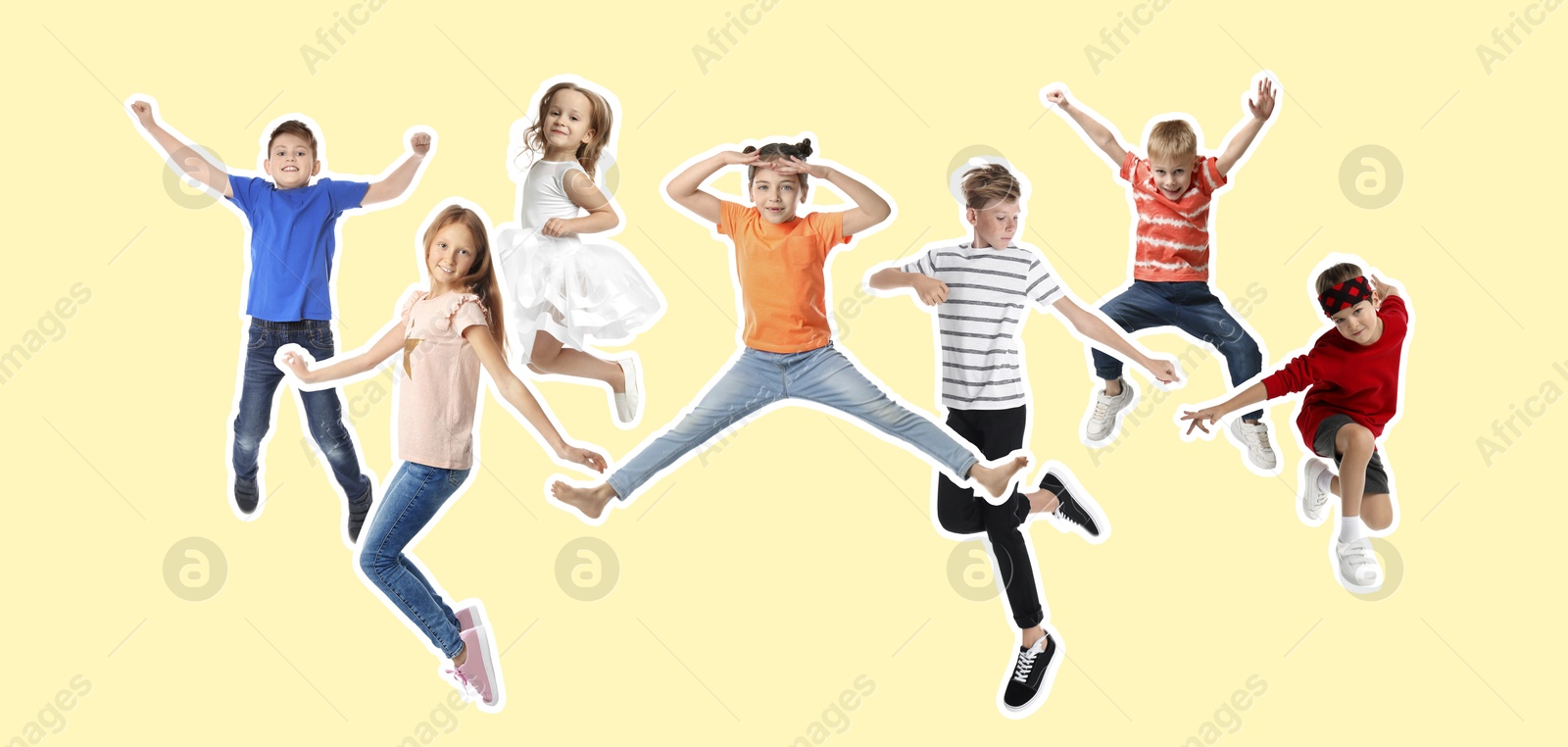 Image of Happy kids with white outlines jumping on beige background. Banner design