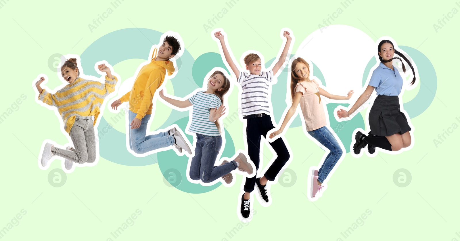 Image of Happy kids with white outlines jumping on light green background. Banner design