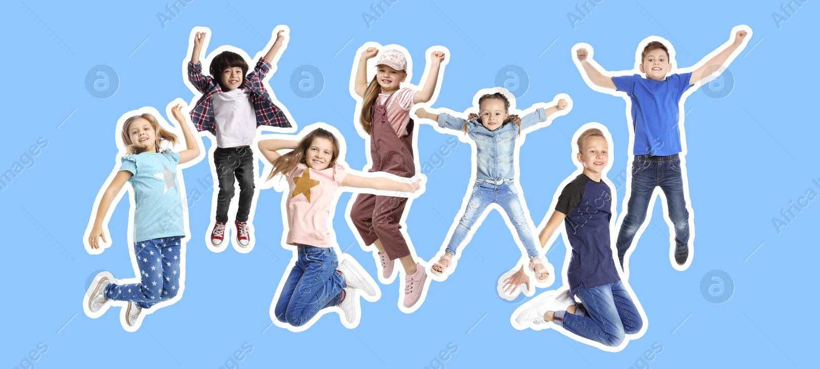 Image of Happy kids with white outlines jumping on light blue background. Banner design