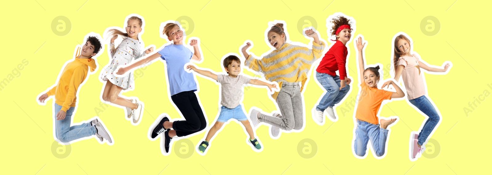 Image of Happy kids with white outlines jumping on yellow background. Banner design