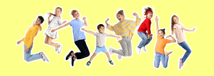 Image of Happy kids with white outlines jumping on yellow background. Banner design