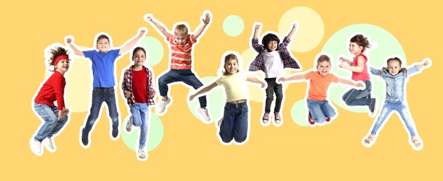 Image of Happy kids with white outlines jumping on light orange background. Banner design