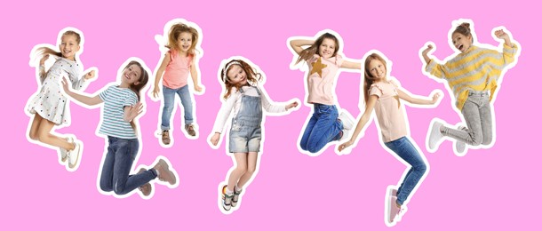 Happy kids with white outlines jumping on pink background. Banner design