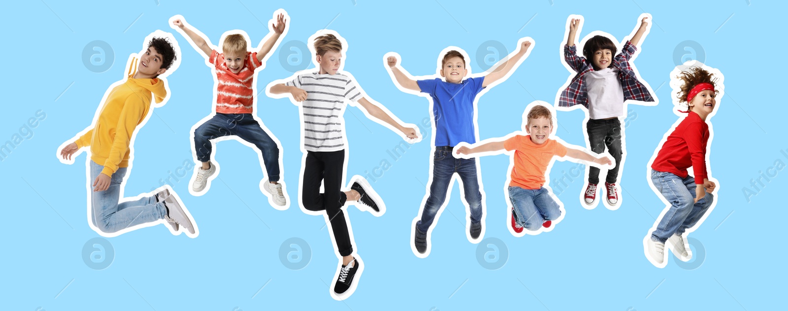 Image of Happy kids with white outlines jumping on light blue background. Banner design