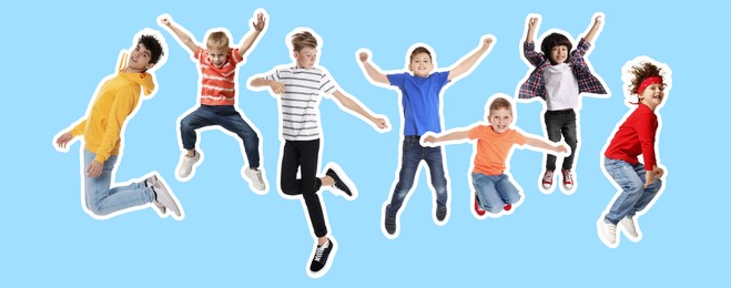 Happy kids with white outlines jumping on light blue background. Banner design