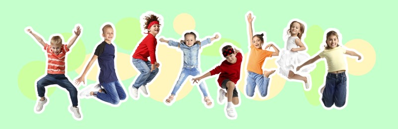 Image of Happy kids with white outlines jumping on light green background. Banner design