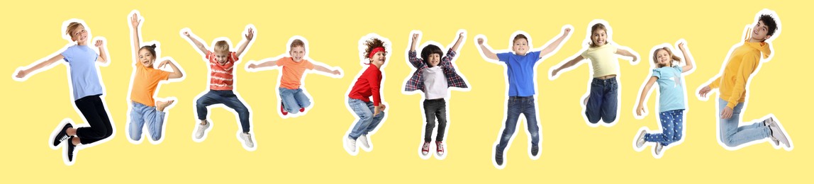 Image of Happy kids with white outlines jumping on yellow background. Banner design