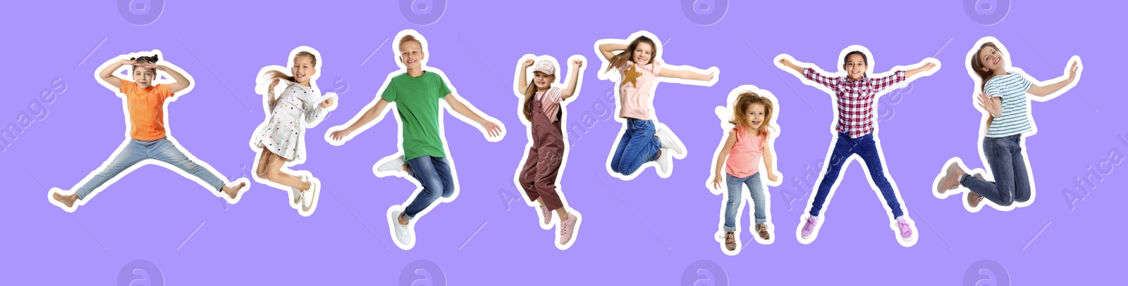 Image of Happy kids with white outlines jumping on violet background. Banner design