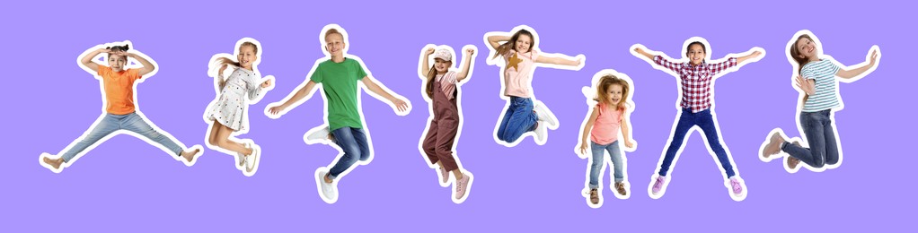 Image of Happy kids with white outlines jumping on violet background. Banner design