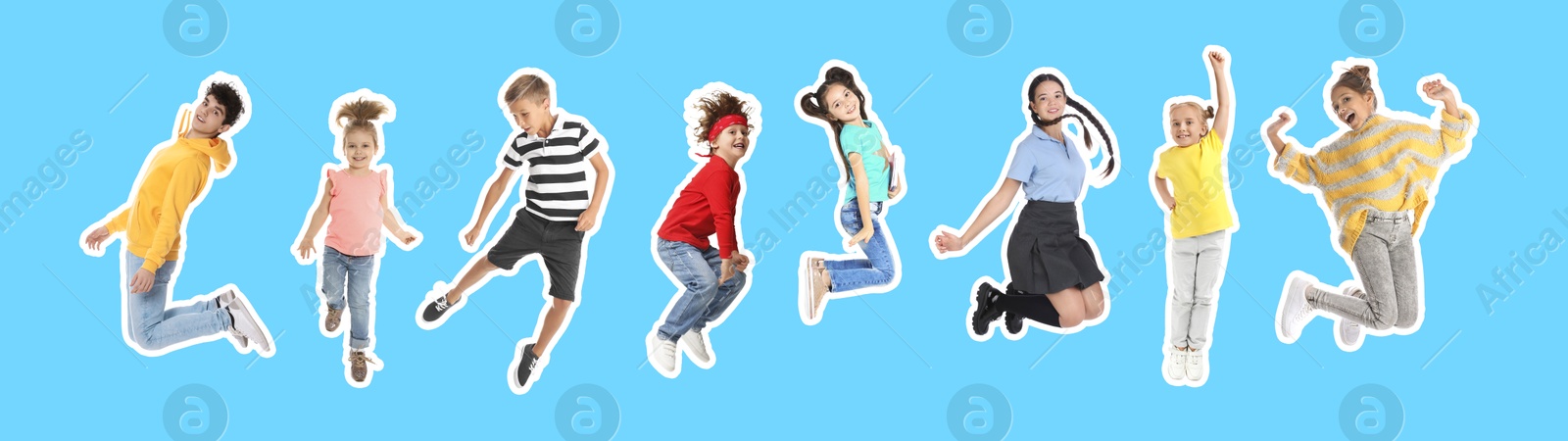 Image of Happy kids with white outlines jumping on light blue background. Banner design