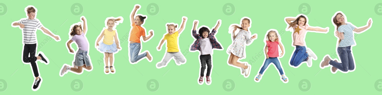 Image of Happy kids with white outlines jumping on light green background. Banner design