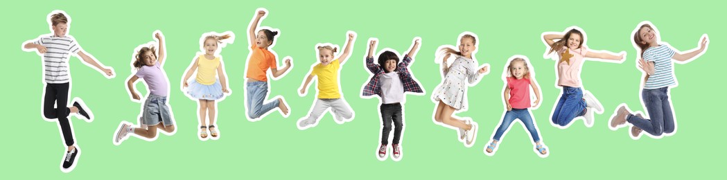 Image of Happy kids with white outlines jumping on light green background. Banner design