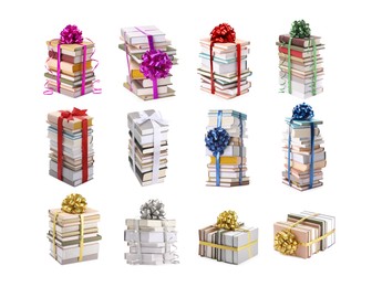 Image of Stacked books decorated with bows isolated on white. Nice holiday gift