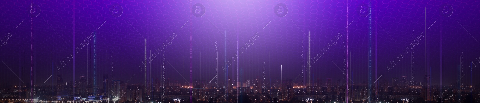 Image of Smart city concept. Signals from buildings connecting to digital pattern above town