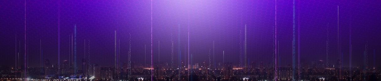 Image of Smart city concept. Signals from buildings connecting to digital pattern above town