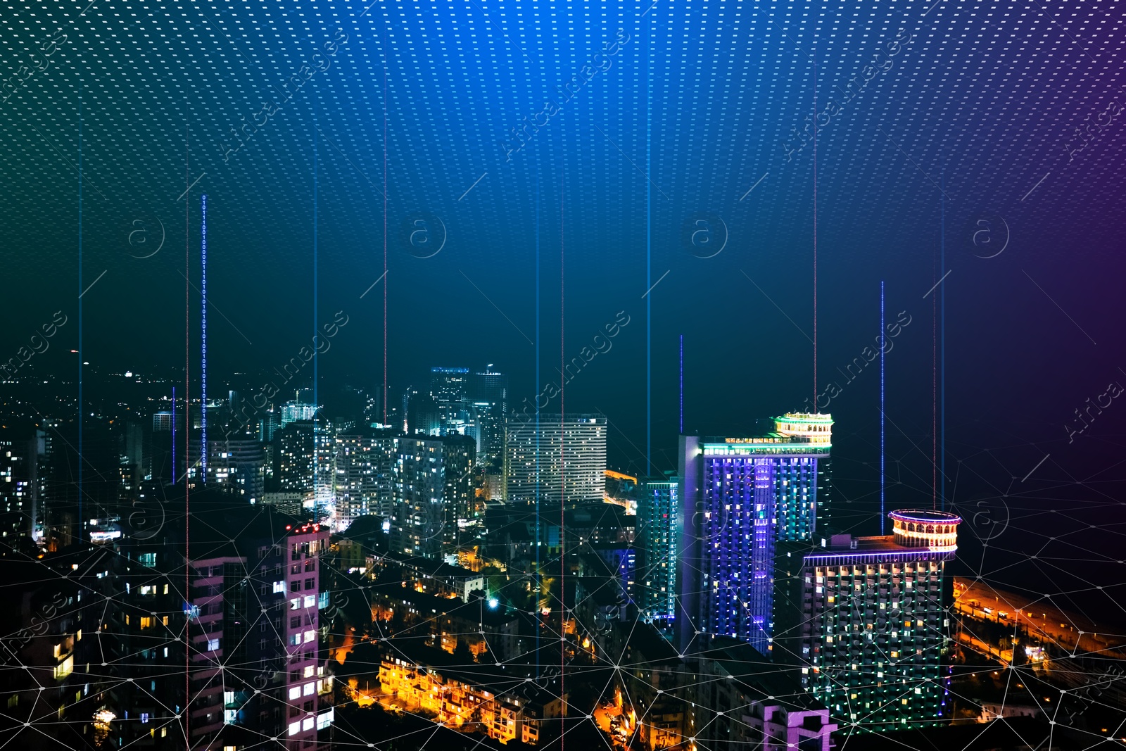 Image of Smart city concept. Signals from buildings connecting to digital pattern above town