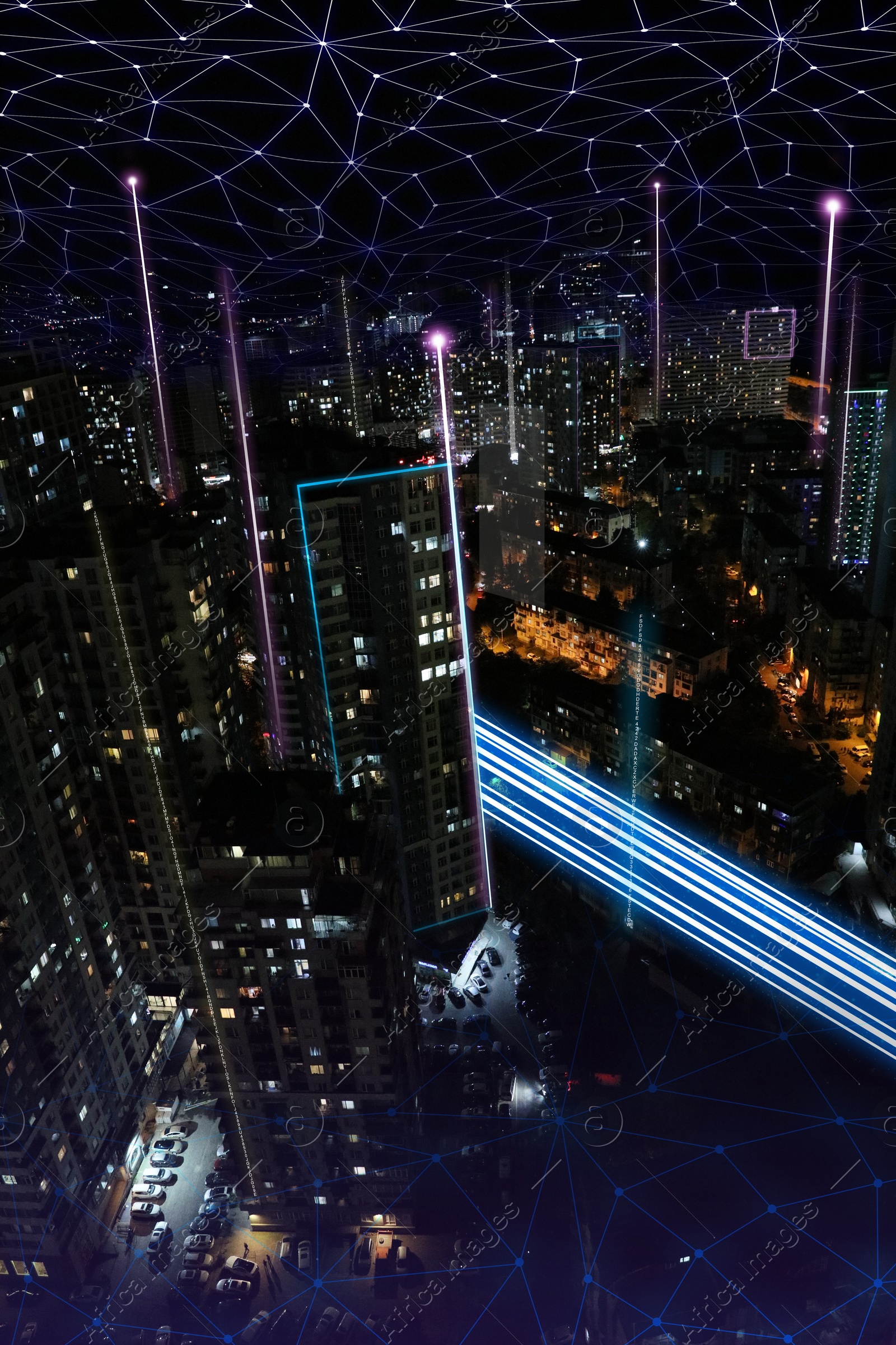 Image of Smart city concept. Signals from buildings connecting to digital pattern above town