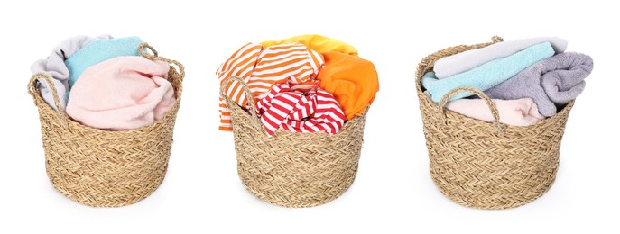 Image of Wicker basket with laundry isolated on white, collage