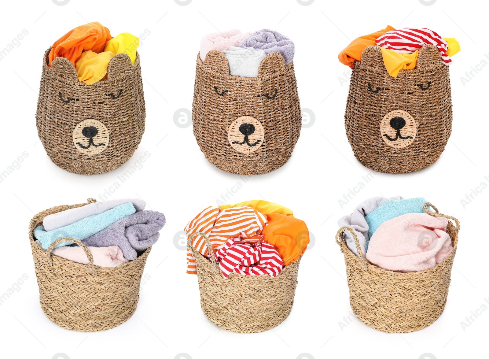 Image of Wicker baskets with laundry isolated on white, collage