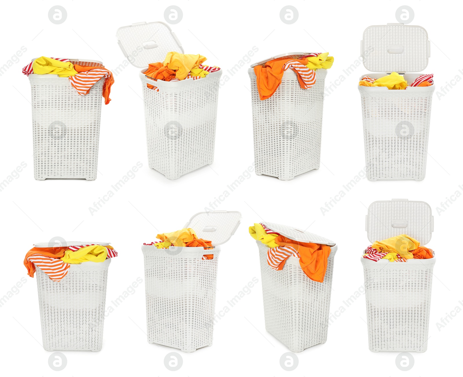 Image of Wicker basket with laundry isolated on white, collage