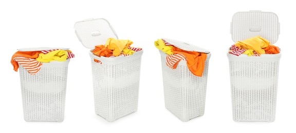 Image of Wicker basket with laundry isolated on white, collage