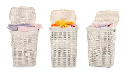 Image of Wicker basket with laundry isolated on white, collage