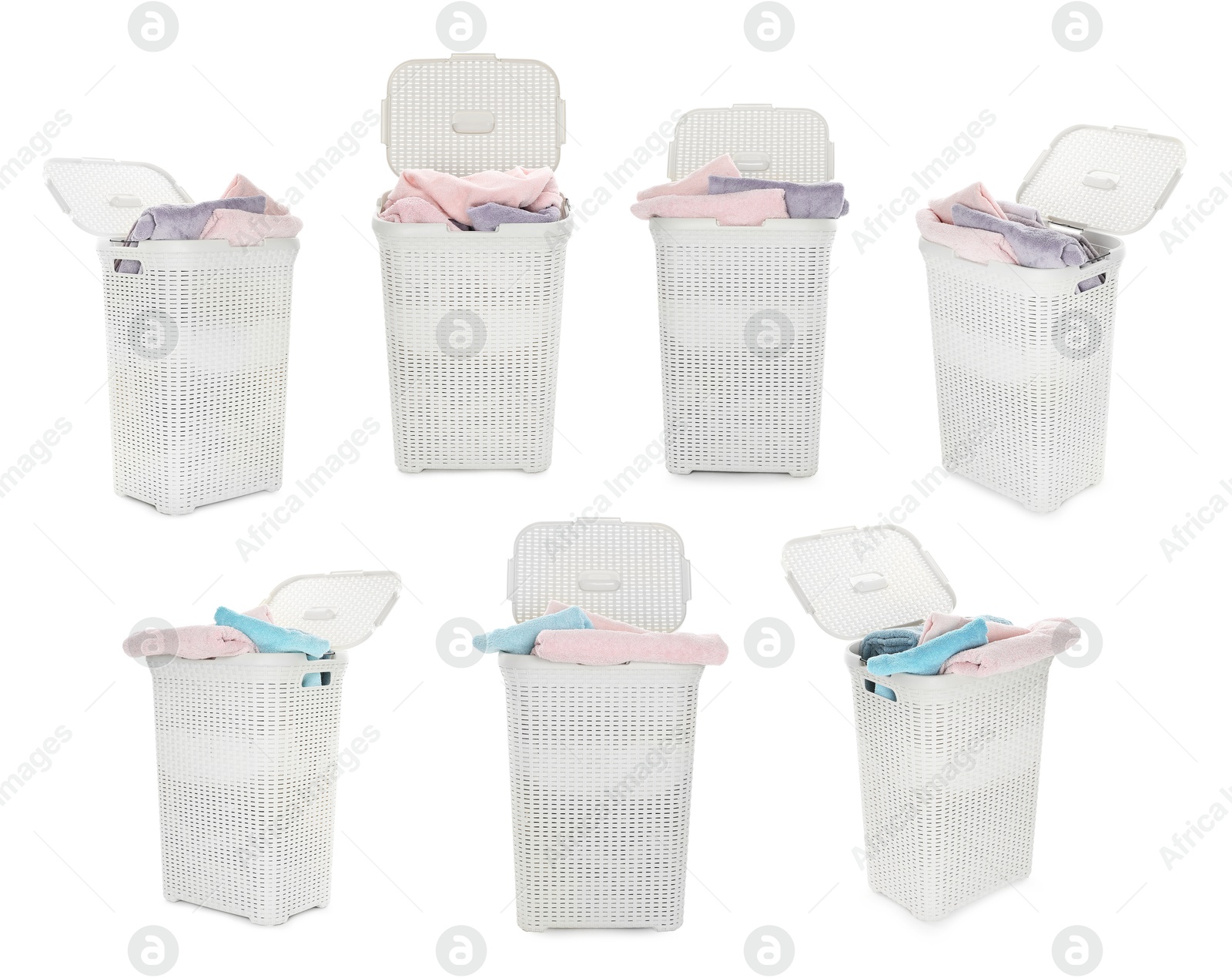 Image of Wicker basket with laundry isolated on white, collage