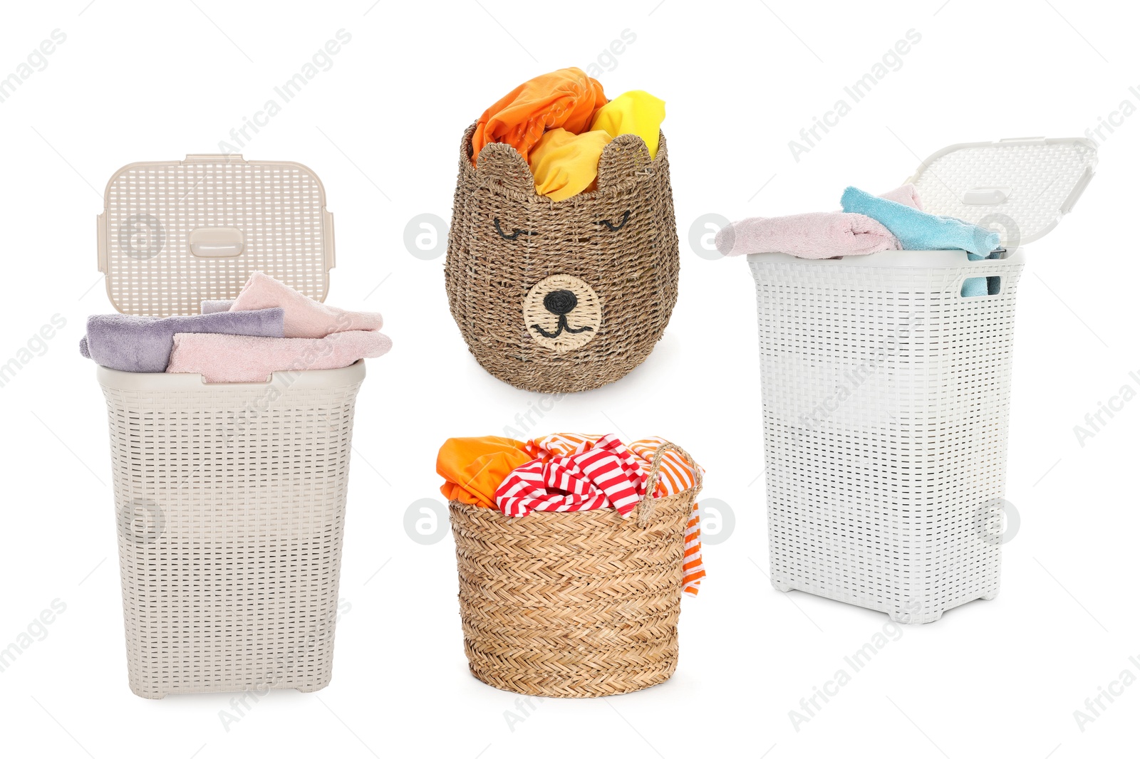 Image of Wicker baskets with laundry isolated on white, collage